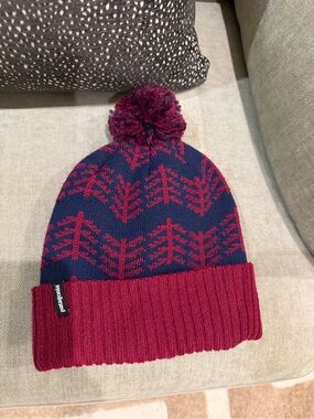 Patagonia Navy & Burgundy Patterned Pom Beanie